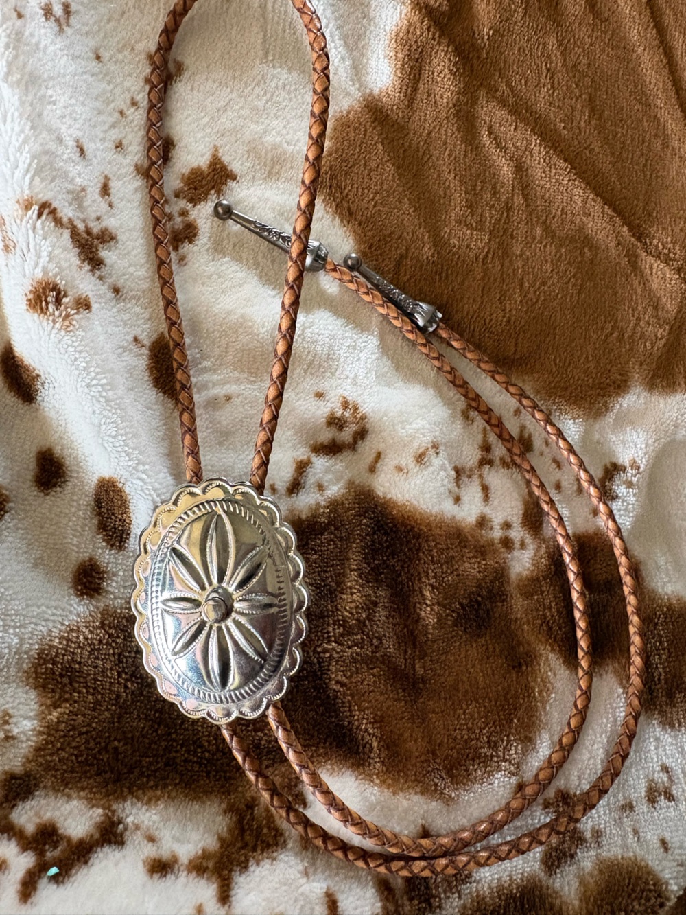 Western Braided Leather Bolo Tie with Silver Concho